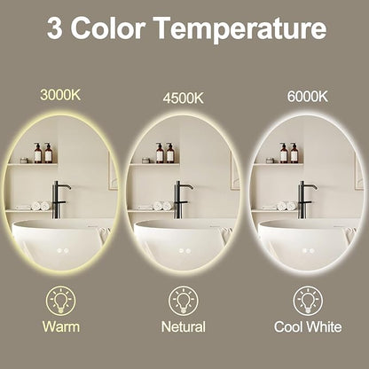 28 X 20 Inch Oval Backlit LED Bathroom Mirror Anti-Fog 3 Colors Light Dimmable Wall Mounted Lighted Bathroom Vanity Mirror Smart Makeup Mirror with Touch Switch