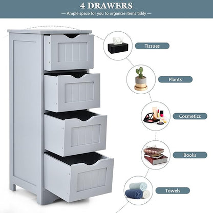 Tangkula Bathroom Floor Cabinet with 4 Drawers, Wooden Storage Cabinet w/Anti-Tipping Device, Freestanding Side Cabinet for Bathroom Home Office, 12 x 12 x 32.5 Inch (Grey, 4 Drawers)