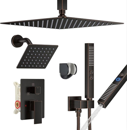 Shower Faucet Set, Ceiling Mount Shower System 12"+6" Dual Shower Head Set with 2 in 1 Handheld Spray Rain Shower Heads with Rough-in Valve and Shower Trim Kit, Oil Rubbed Bronze