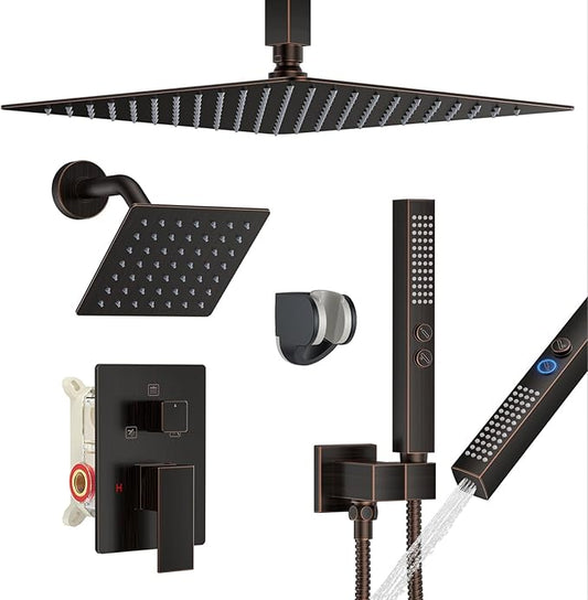 Shower Faucet Set, Ceiling Mount Shower System 12"+6" Dual Shower Head Set with 2 in 1 Handheld Spray Rain Shower Heads with Rough-in Valve and Shower Trim Kit, Oil Rubbed Bronze