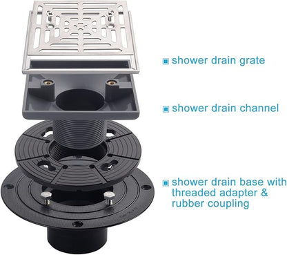4-1/4"Square Brushed Nickel Shower Drain，Base with Adjustable Drain Flange Kit PVC,Removable Grille Strainer Drain Cover with Screws,SUS304 Stainless Steel