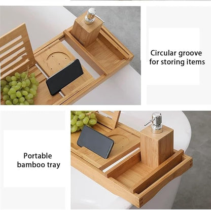 Expandable Bath Tray, Wooden Bathtub Tray Caddy with Solid Wood Bookend, Phone Card Slot, Movable Bamboo Tray