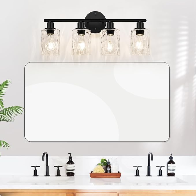 4-Light Bathroom Light Fixtures, Matte Black Vanity Lights with Water Ripple Clear Glass Shade, Bathroom Wall Lamp for Mirror, Kitchen, Living Room, Hallway, Cabinet, Porch