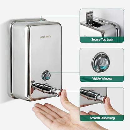 Commercial Manual Soap Dispenser, Durable Polished Stainless Steel Finish, 37oz (1100ml) Liquid, Wall-Mounted for Bathroom & Kitchen