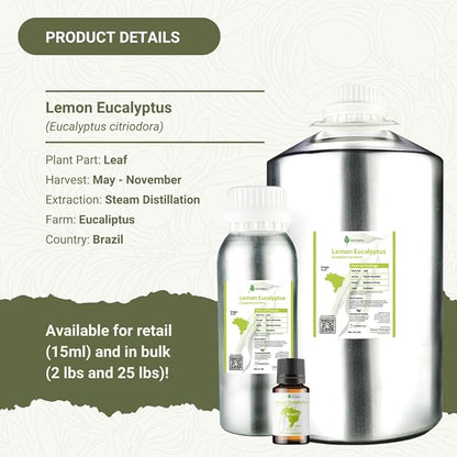 Lemon Eucalyptus Oil by Eucaliptus from Brazil - Pure Lemon Eucalyptus - 100% Pure Steam Distilled Natural Aceite de Eucalipto Limón - Aromatherapy - Premium Therapeutic Grade (15ml)