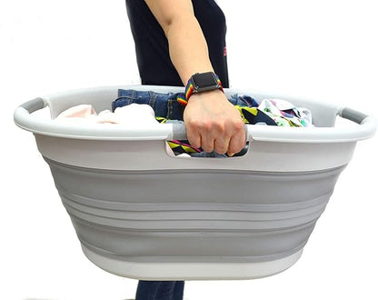 SAMMART 57L (15 Gallons) Collapsible 3-Handled Plastic Laundry Basket - Oval Tub - Portable Washing Tub-Space Saving Laundry Hamper, Water Capacity 44L / 11.6 Gallon (2, Grey/Grey)