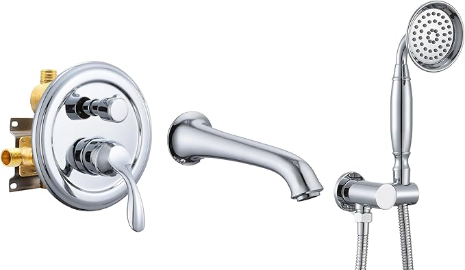 DASAN Antique Wall Mount Tub Filler Faucet with Hand Held Shower, Chrome Bathtub Faucet with Sprayer Wall Mounted Roman Bath Tub Faucet Set with High Flow Rough in Valve, AT201TF-CH