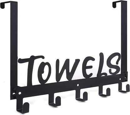 Over The Door Hook, Towel Holder Towel Hook for Bathroom, Towel Hanger Door Rack with 5 Coat Hooks, Over The Door Hanger Towel Rack for Bathroom, Bedroom Towels Coats, Black