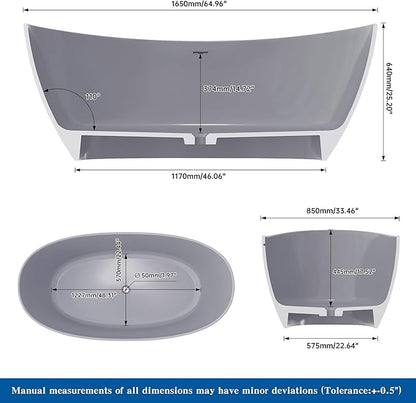 65" Premium Solid Surface Free Standing Bathtub, Upgraded Light Grey Design Stone Resin Soaking Tub with Overflow and Pop-up Drain