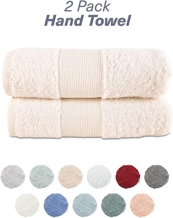 Hencely Luxury Hand Towel - Set of 2 (16x28 Inches) - Soft Turkish Cotton, Absorbent, Quick-Drying Face, Body, Kitchen, and Bathroom Towel (Hand Towels 2 Pack, Ivory)
