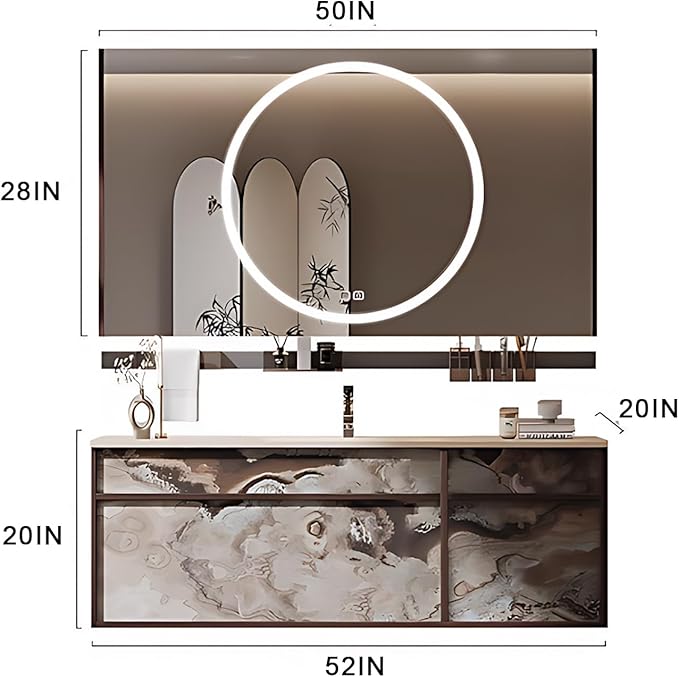 52IN Modern Bathroom Vanity with Sink - Bathroom Vanity with Drawer Organizer, LED Mirror Lights & Defogging Function | Wall - Mounted Vanity with Multifunctional Storage Rack