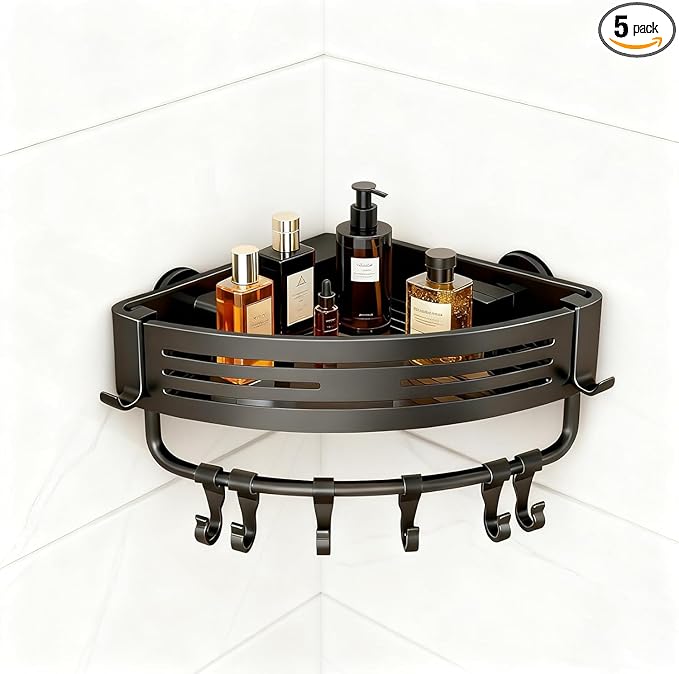 Aluminum Corner Shower Caddy, Rust Proof Bathroom Organizer with Suction Cup, Press Fit Tripod Design, Storage Rack for Shampoo