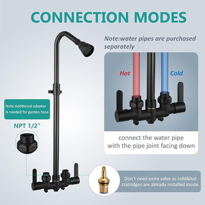 Aolemi Outdoor Shower Fixtures Outdoor Shower Kit Faucet System 3 Inch Center 2 Handle Exposed Shower with Brass Mix Valve with Adjustable Bar Pipe Upward Matte Black