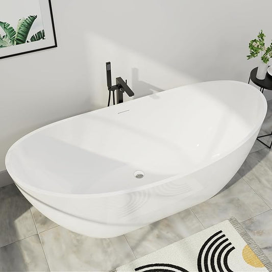 62" Lucite Acrylic Freestanding Bathtub, Double Slipper Shape Contemporary Soaking Tub with Toe-tap Chrome Drain, Slotted Overflow, cUPC Certified, Glossy White