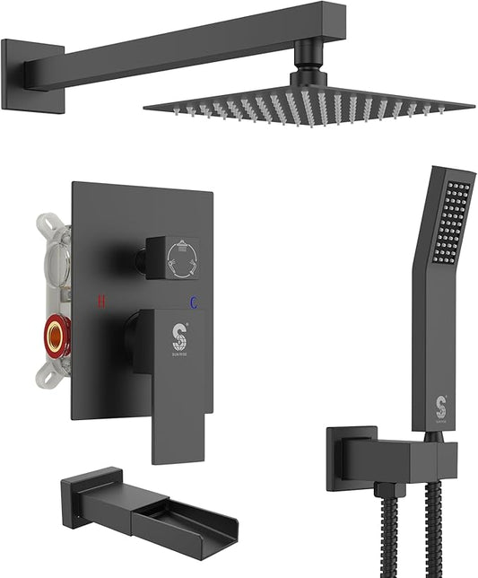 SR SUN RISE 8 Inches All Metal Bathtub and Shower Faucet Combo Shower System with Tub Spout, Shower Tub Faucets Sets Complete Shower Head with Handheld Shower Fixtures, Valve Included, Matte Black