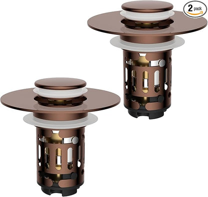 Hibbent 3 Pack 3 in 1 Bathroom Sink Drain Strainer, Universal Pop Up Stopper with Removable Stainless Steel Filter Basket Hair Catcher, Sink Plug for 1.1''~2.36'' Basin, Brass Bullet Core, Rose Gold