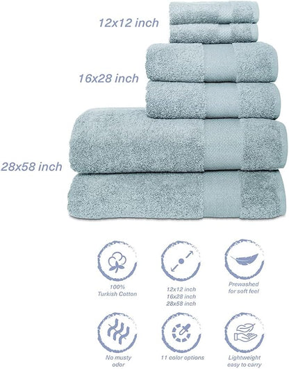 Hencely 6-Piece Bath Towel Set - High Absorbency, Quick Drying - 100% Soft Turkish Cotton - 2 Bath Towels, 2 Hand Towels, 2 Washcloths - for Bathroom, Home, Hotel, Spa, and Gym - 6-Pack Water Green