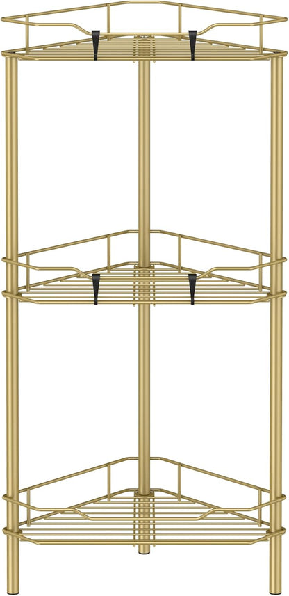 3 Tier Floor Standing Corner Shower Caddy Organizer Shelf with Hooks, Bathroom Shelves Stand Rack, Gold