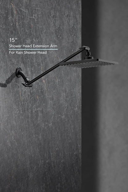 15 Inch Extra Long Adjustable Shower Head Extension Arm With Locking Set Screw, Singing Rain Brass Angle Height Adjustable, Easy To Install, G1/2 Universal Connector Compatible (Matt Black)