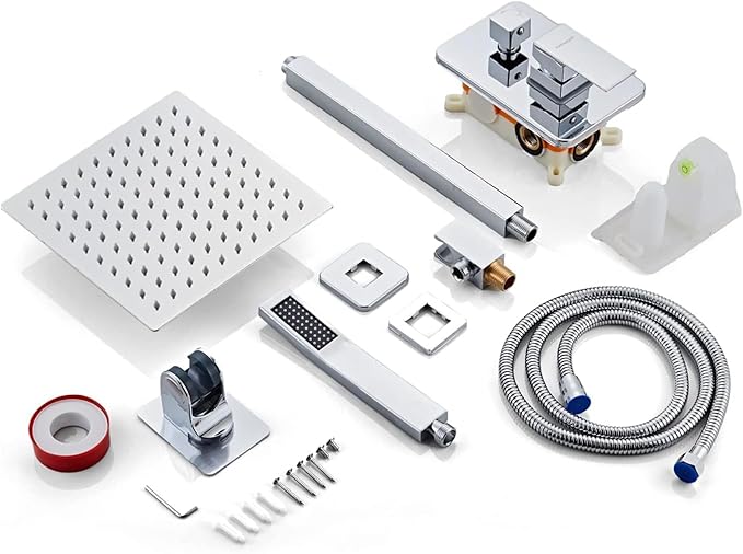 8 Inch Shower Faucet Set Ceiling Mount, High Pressure Rainfall Shower System, Square Rain Shower Head with Handheld Spray Combo, Ceiling Luxury Rainfall Shower Fixtures (L-Style)