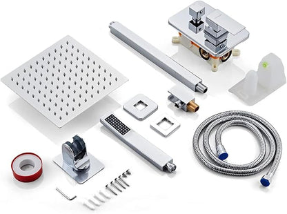 12 Inch Ceiling Mount Shower Faucet Set, Silver Rainfall Shower System with Valve Trim, Square Rain Shower Spray Combo Luxury Shower Fixtures Polish Chrome Shower Head and Handle Set