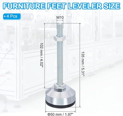 PATIKIL Furniture Leveling Feet 2" Dia Base M10 Thread, 4 Pcs Carbon Steel Adjustable Threaded Furniture Leveler Screw on Leg Levelers with Pads for Desk Chair Cabinet, Black
