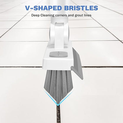 SetSail Grout Cleaner Brush with Long Handle, V-Shaped Floor Scrub Brush Swivel Grout Brush Stiff Bristle Floor Grout Scrubber for Bathroom, Tile Line, Crevice, Kitchen, Wall, Deck, Garage, White Grey