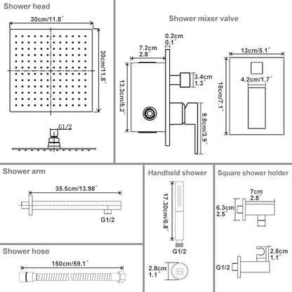 Hoimpro 12 Inch Shower Head System Set Bathroom Rain Mixer Shower Head 2 In 1 Handheld Sprayer Wall Mounted, Square Rainfall Shower Faucet Fixture Combo Valve Kits Brass Showerhead, Matte Black