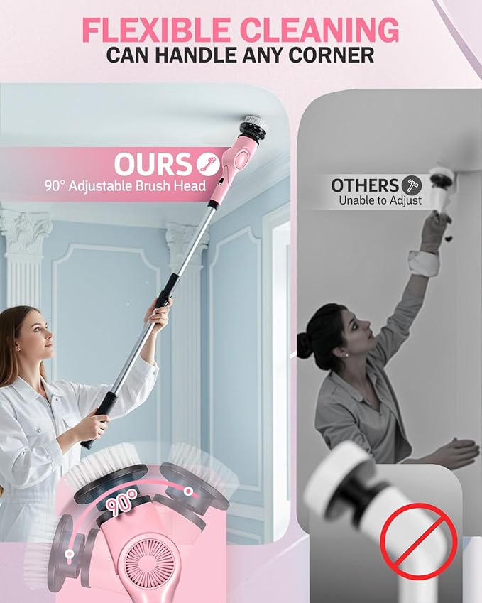 Electric Spin Scrubber, 3-Speed Cordless Shower Scrubber with 90° Adjustable & 10 Replaceable Brush Heads, 90 Mins Runtime & Full-Body IPX7 Waterproof Shower Cleaner Brush with Long Handle