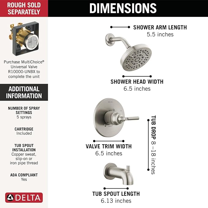 Delta Faucet Saylor 14 Series Brushed Nickel Tub and Shower Faucet Combo, Bathtub and Shower System, Shower Trim Kit, Bathtub Faucet Set, Shower Tub Faucet, Stainless T14435-SS (Valve Not Included)