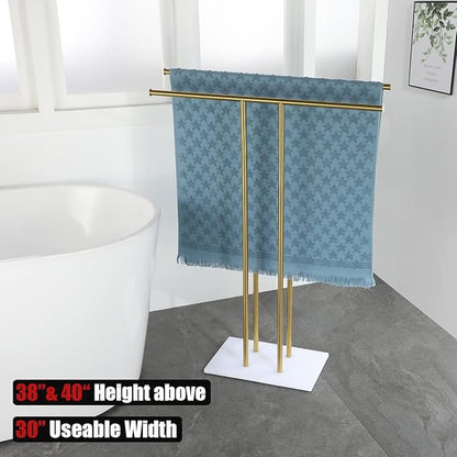 JQK Bath Towel Holder Stand Brushed Gold, 30 Inch Free Standing Double Towel Rack Shelf for Bathroom Floor, Light Gold, BTH100L30-WG