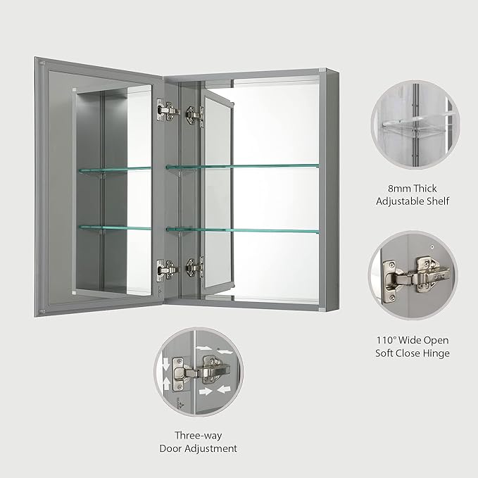 Blossom 20x26 Inch Aluminum Medicine Cabinet with Mirror – Recessed or Surface Wall Mounted Bathroom Storage with Adjustable Glass Shelves, Soft Close Hinges, Rust-Resistant and Modern Mirrored Design