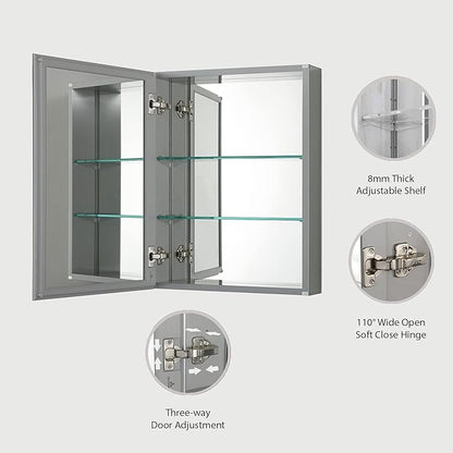 Blossom 20x26 Inch Aluminum Medicine Cabinet with Mirror – Recessed or Surface Wall Mounted Bathroom Storage with Adjustable Glass Shelves, Soft Close Hinges, Rust-Resistant and Modern Mirrored Design