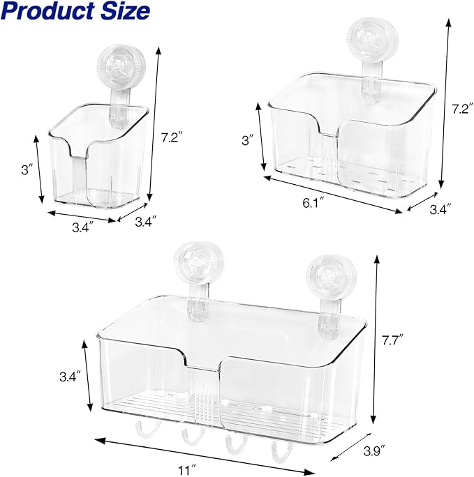 Clear Shower Caddy Suction Cup Shelf Organizer with Hooks Removable Shower Basket Light Luxury Style Punch-Free Dorm Wall Storage Rack for Kitchen Bathroom Set of 3