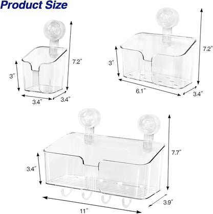 Clear Shower Caddy Suction Cup Shelf Organizer with Hooks Removable Shower Basket Light Luxury Style Punch-Free Dorm Wall Storage Rack for Kitchen Bathroom Set of 3