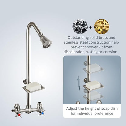 Aolemi Outdoor Shower Kit,Outdoor Shower Fixtures Faucet System with Brass Showerhead,Double Handle Exposed Shower with Brass Mix Valve,6 Inch Center with Soap Dish,Pipe Upward,Brushed Nickel