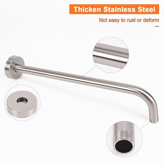 HarJue Shower Arm with Flange and Teflon Tape, Wall Mounted Shower Pipe 304 Stainless Steel Extension Arm for Fixed Shower Head & Handheld (15 Inch, Brushed Nickel)
