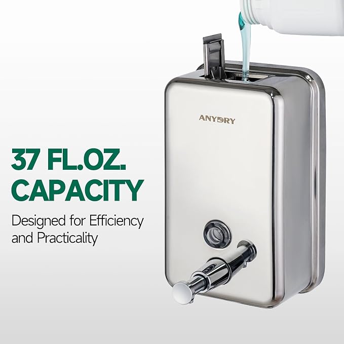 Commercial Manual Soap Dispenser, Durable Polished Stainless Steel Finish, 37oz (1100ml) Liquid, Wall-Mounted for Bathroom & Kitchen