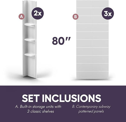 White Acrylic Shower Wall Surround 36"x 60"x 80" - Waterproof, Easy-to-Install, Two Shelf Units Kit Included - Shower Wall Surround Panels - Stacked Tiles Pattern, Classic Shelves