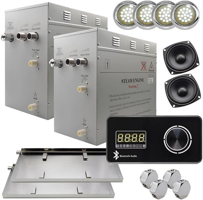 Superior Encore Plus 24kW Steam Shower Generator Kit with Horizontal Black Keypad, Drip Pans & White Lights | Bluetooth Audio|Self-Draining Steam Bath Generator|One-click Connection Cord|