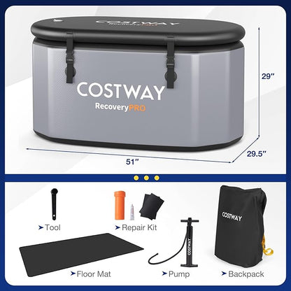 COSTWAY XL 129 Gal Oval Ice Bath Tub with Cover, Portable Outdoor Inflatable Cold Plunge Tub with Backpack, Pump, for Cold and Therapy, Compatible with Water Chillers, Grey