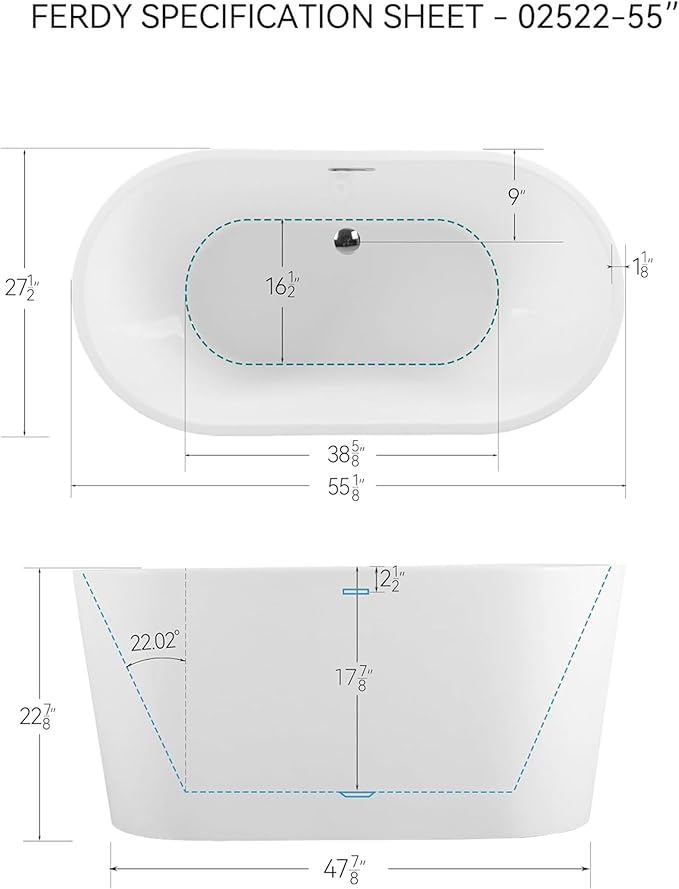 FerdY Shangri-La 55" Acrylic Freestanding Bathtub, Classic Oval Shape Soaking Bathtub with Toe-Tap Chrome Drain and Classic Slotted Overflow Included, Modern White, cUPC Certified