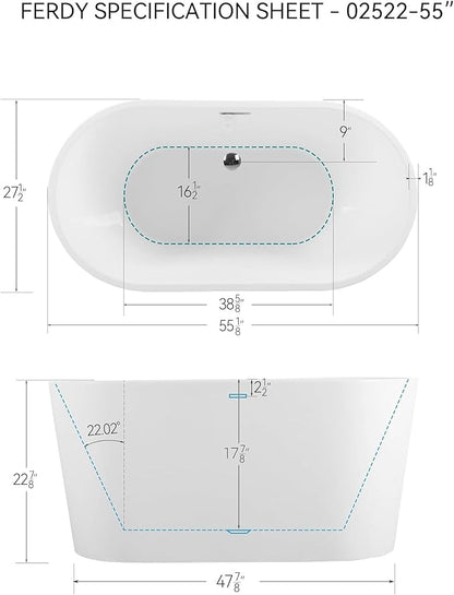 FerdY Shangri-La 55" Acrylic Freestanding Bathtub, Classic Oval Shape Soaking Bathtub with Toe-Tap Chrome Drain and Classic Slotted Overflow Included, Modern White, cUPC Certified