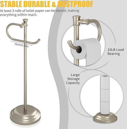 BESy Toilet Paper Holder Stand SUS 304 Free Standing Bathroom Tissue Holder with Storage Hardware Accessories Rack Hand Towel Bar Rustproof Lavatory Tissue Roll Holder Floor Modern Brushed Nickel