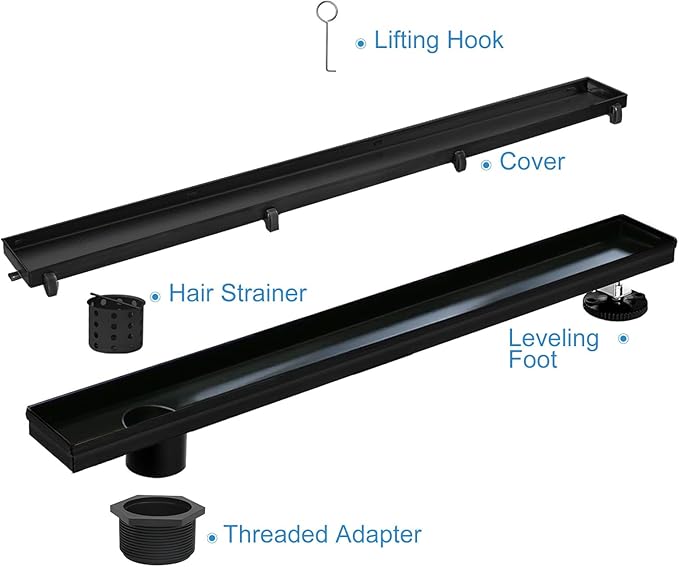 Offset Linear Shower Drain, Matte Black Shower Drain 60 inch with Removable Grate Cover, Brushed 304 Stainless Steel Side Outlet Black Shower Floor Drain with Hair Catcher and Leveling Feet