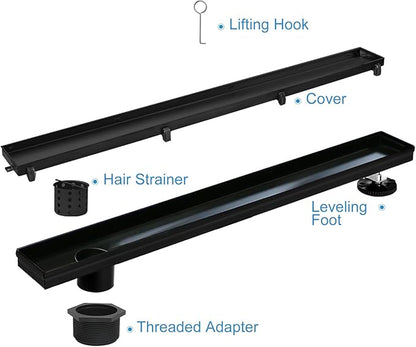 Offset Linear Shower Drain, Matte Black Shower Drain 60 inch with Removable Grate Cover, Brushed 304 Stainless Steel Side Outlet Black Shower Floor Drain with Hair Catcher and Leveling Feet