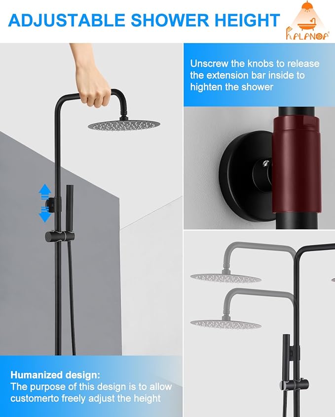 All-Metal Outdoor Shower Fixture,3 Functions Handle Tub Rainfall Shower Faucet Sets with Dial Thermometer Brass Valve, Black Exposed Shower System with 10'' Rainfall Shower Head Adjustable