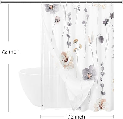 Gibelle 3 in 1 Shower Curtain Set, Charcoal Grey Watercolor Floral Bath Curtain and PEVA Liner Set with 12 Double Sided Steel Hooks, Waterproof Fabric Bathroom Curtain 72x72