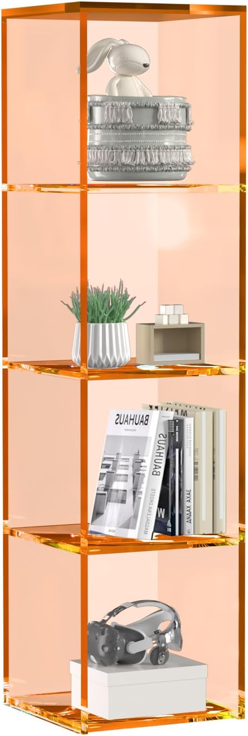 42.5" Acrylic Bookcase, 4-Tier Floor Standing Clear Acrylic Bookshelf, Sturdy Open Display Storage, Clear Bookshelf, Modern High Transparency Organizer for Bedroom, Bathroom, Home Office, Orange