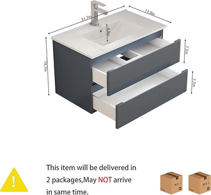32" Wall Mounted Bathroom Vanity with Sink, Modern Dark Grey Floating Cabinet, Solid Plywood with Round Edges, 2 Soft Close Drawers, Handleless Design, Ceramic Top